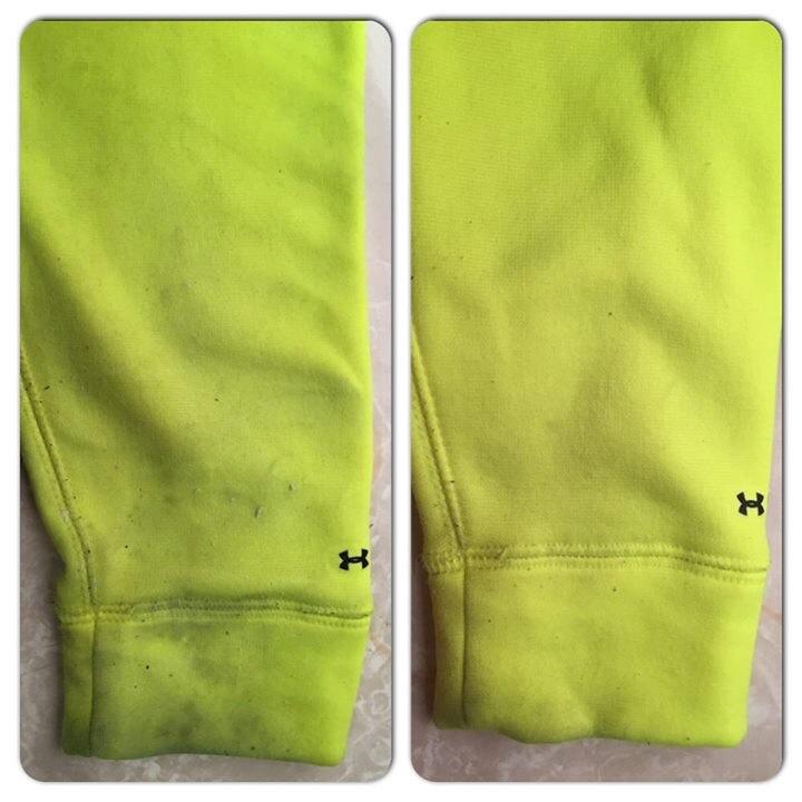 Pair of bright green pants with a brand logo on a light gray background