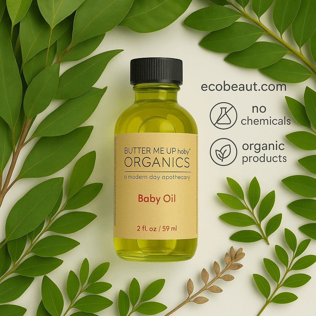 A Butter Me Up Organics Baby Oil bottle is centered on a white background with lush green leaves around it. The top right corner displays eco-friendly icons and the ecobeaut.com website.




