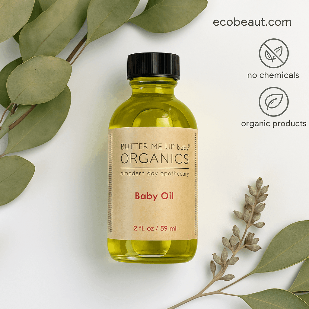A Butter Me Up Organics Baby Oil bottle sits on a white background with green leaves and buds around it. Eco-labels and the website ecobeaut.com appear in the top right.