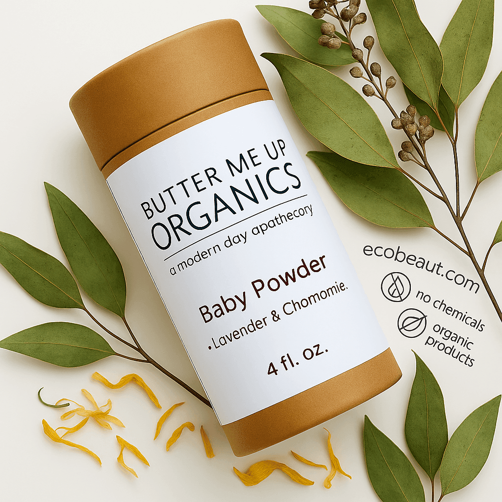 A Butter Me Up Organics Baby Powder container rests on a light background, surrounded by green eucalyptus leaves and yellow petals. The top right corner shows ecobeaut.com and icons for no chemicals and organic products.





