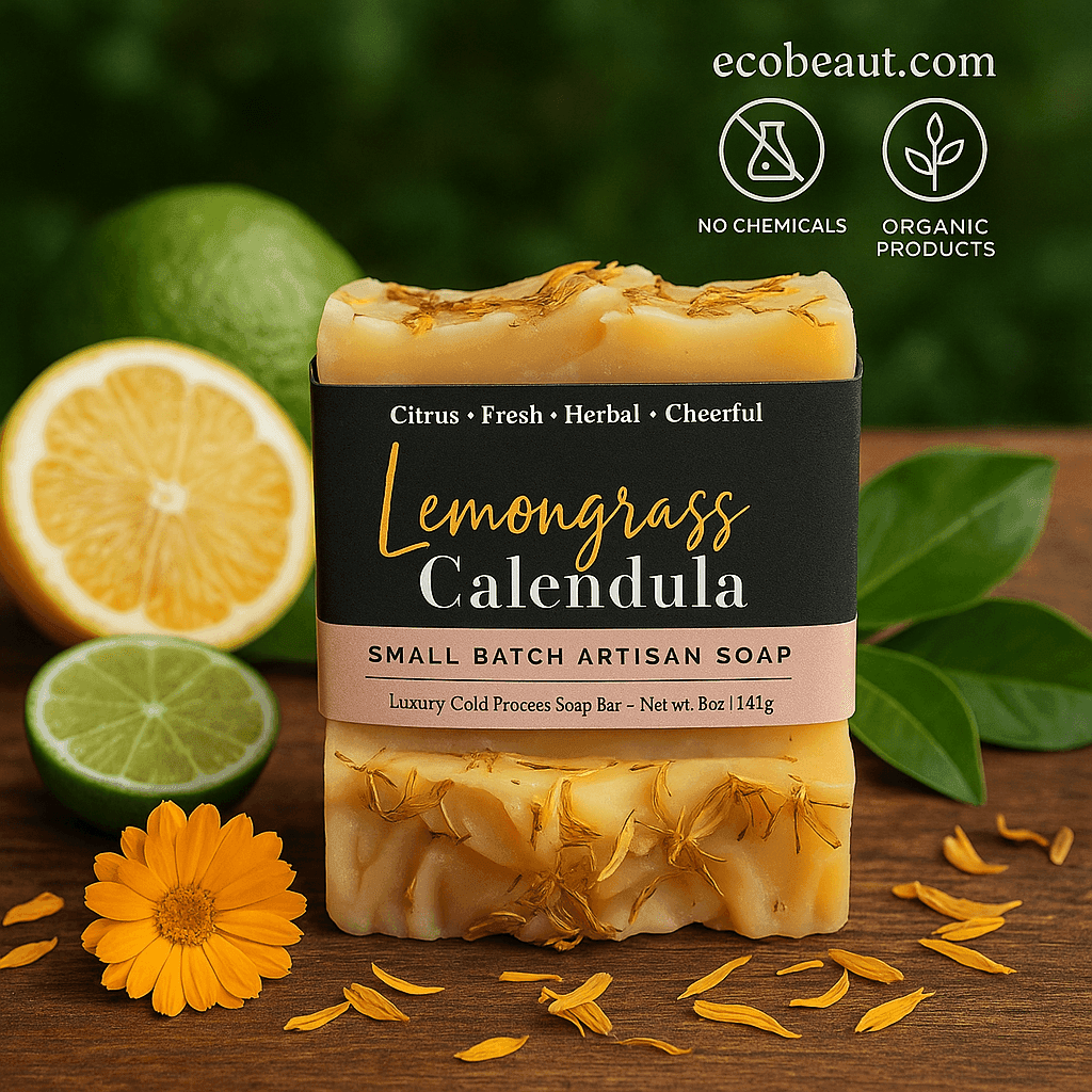 A bar of Lemongrass Calendula artisan soap by ecobeaut.com placed on a rustic surface with fresh lemon, calendula petals, and green leaves, marked “NO CHEMICALS” and “ORGANIC PRODUCTS”.