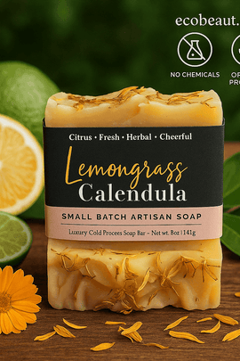 A bar of Lemongrass Calendula artisan soap by ecobeaut.com placed on a rustic surface with fresh lemon, calendula petals, and green leaves, marked “NO CHEMICALS” and “ORGANIC PRODUCTS”.