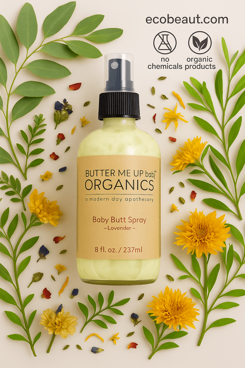 A bottle of Butter Me Up Organics Baby Butt Spray lies on a beige surface surrounded by abundant green leaves and colorful flower petals. Eco-labels and ecobeaut.com appear in the top right corner.




