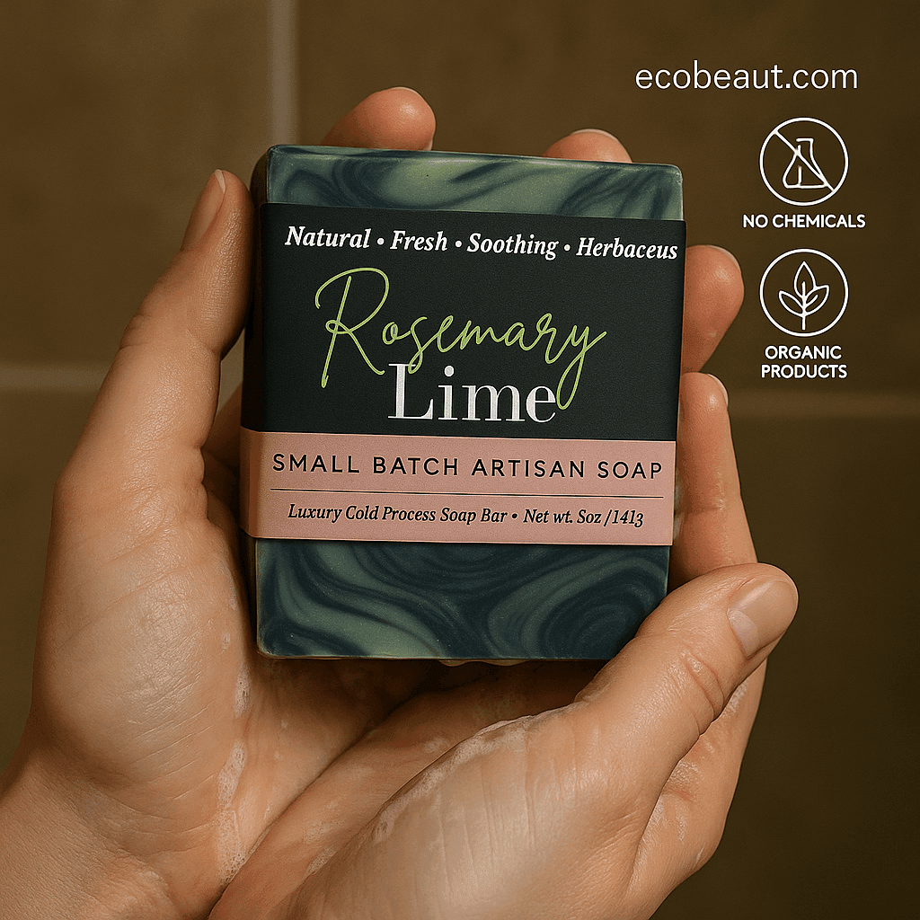 A close-up photo shows a person holding a "Rosemary Lime" artisan soap bar from ecobeaut.com with wet hands, highlighting the natural swirls of the soap and clear labels for "No Chemicals" and "Organic Products" in the upper right corner.