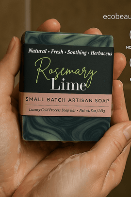 A close-up photo shows a person holding a "Rosemary Lime" artisan soap bar from ecobeaut.com with wet hands, highlighting the natural swirls of the soap and clear labels for "No Chemicals" and "Organic Products" in the upper right corner.