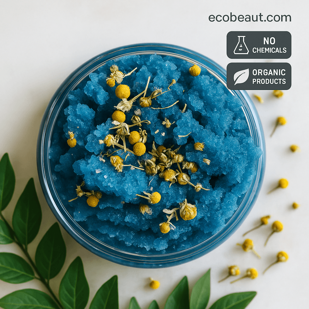 A close-up top view of a jar filled with vibrant blue sugar scrub topped with dried chamomile flowers, surrounded by green leaves and small buds, with “ecobeaut.com,” “NO CHEMICALS,” and “ORGANIC PRODUCTS” labels in the upper right corner.