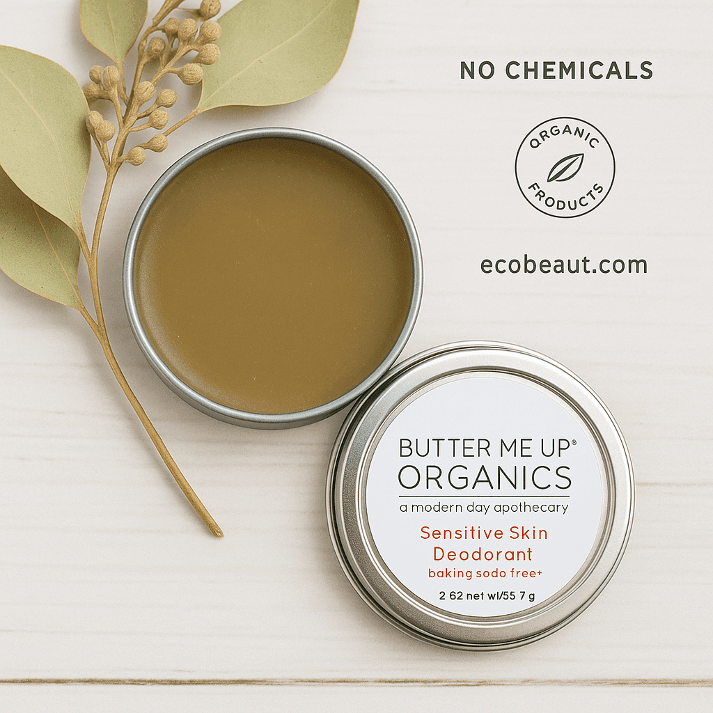 A digital photograph showcases Butter Me Up Organics Sensitive Skin Deodorant in a silver tin on a light wooden surface, surrounded by eucalyptus leaves, with clear labels: "No Chemicals," "Organic Products," and the website ecobeaut.com in the top right corner.