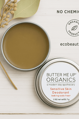 A digital photograph showcases Butter Me Up Organics Sensitive Skin Deodorant in a silver tin on a light wooden surface, surrounded by eucalyptus leaves, with clear labels: "No Chemicals," "Organic Products," and the website ecobeaut.com in the top right corner.