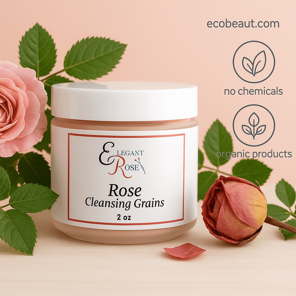  A digital photograph showcases Elegant Rose's "Rose Cleansing Grains" jar surrounded by fresh green rose leaves and a blooming pink rose, alongside a dried rosebud. In the upper right corner, the image includes the text “ecobeaut.com” and circular icons labeled “no chemicals” and “organic products.”