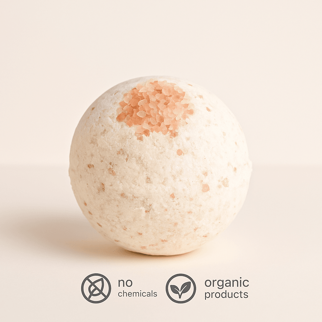 Bath bomb with natural texture on a beige background, featuring 'no chemicals' and 'organic products' labels.