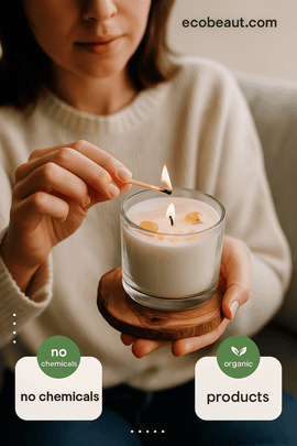A fair-skinned woman lighting an organic soy candle with crystals inside, sitting on a couch, with the label ecobeaut.com and "no chemicals" and "organic products" icons on the right.
