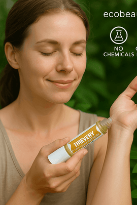 A fair-skinned woman peacefully applying Thievery Essential Oil Roll-On to her wrist, surrounded by lush greenery, with “ecobeaut.com,” “NO CHEMICALS,” and “ORGANIC PRODUCTS” icons in the upper right corner.







