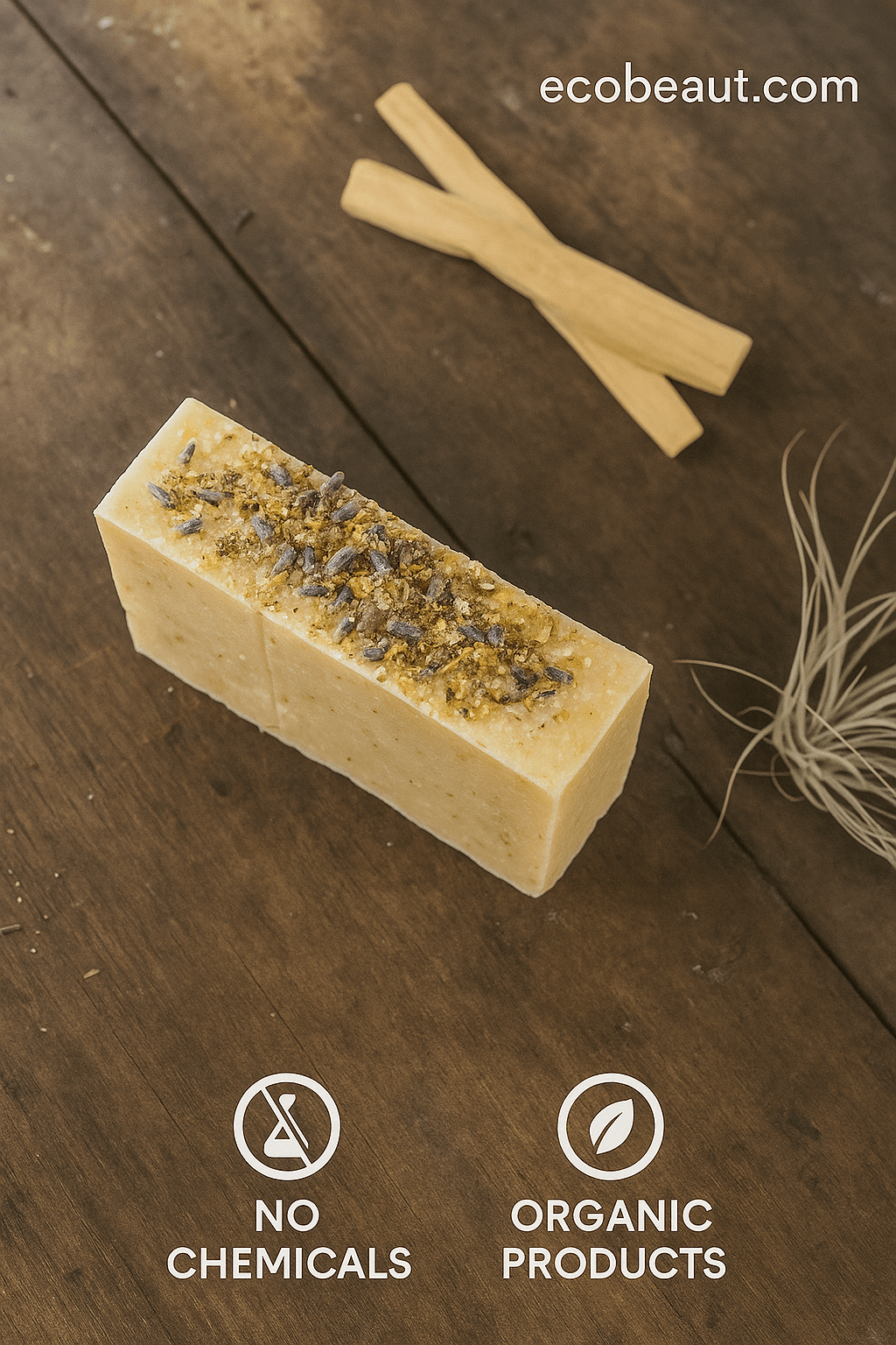 A handcrafted botanical soap bar with dried herbs and lavender on top, resting on a rustic wooden background. The website ecobeaut.com appears in the upper right corner, and eco-labels 'NO CHEMICALS' and 'ORGANIC PRODUCTS' are displayed at the bottom.
