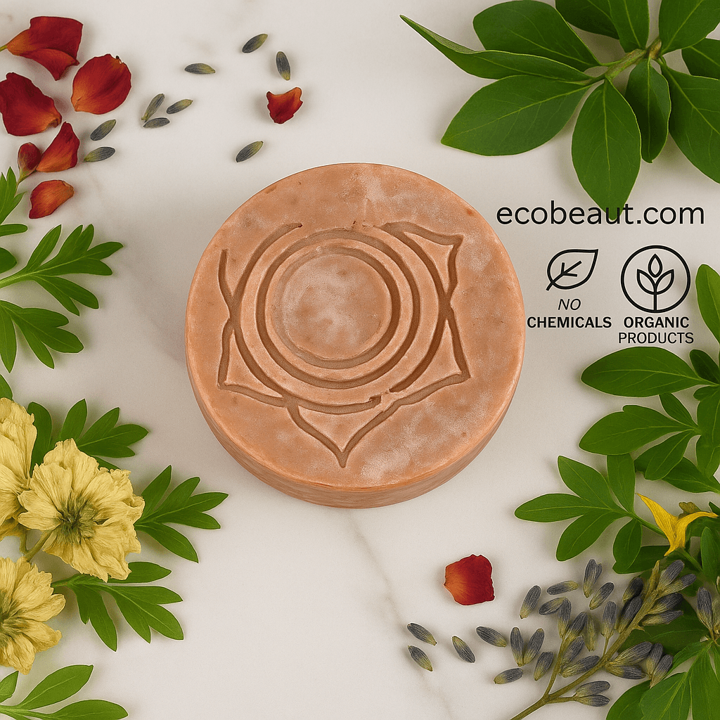 A handcrafted round soap with a lotus pattern sits on a marble surface, surrounded by fresh green leaves, dried petals, and buds, with “No Chemicals,” “Organic Products,” and ecobeaut.com displayed in the upper right corner.