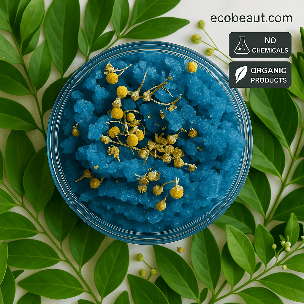 A jar of blue sugar scrub topped with dried chamomile flowers, surrounded by abundant green leaves, with “ecobeaut.com,” “NO CHEMICALS,” and “ORGANIC PRODUCTS” icons in the upper right corner.