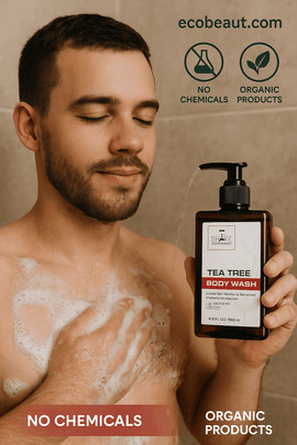 A light-skinned young man using Tea Tree Body Wash in the shower, holding the product bottle with visible label, surrounded by foam and water, with “ecobeaut.com,” “No Chemicals,” and “Organic Products” icons in the top right corner.