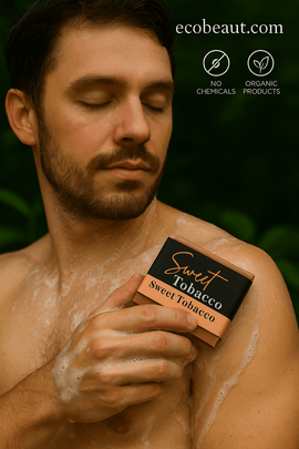 A man with light skin and short dark hair uses Sweet Tobacco soap from ecobeaut.com, with foam on his shoulder and “NO CHEMICALS” and “ORGANIC PRODUCTS” icons in the upper right corner.