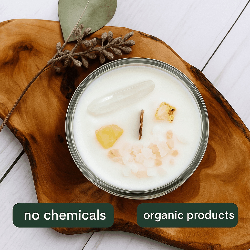 A natural soy candle in a glass jar placed on a wooden board with a eucalyptus leaf and dried flowers, labeled with "no chemicals" and "organic products" in the top right corner with ecobeaut.com branding.
