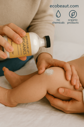 A person applies Butter Me Up Organics Baby Powder to a baby's thigh using a glass bottle. Eco-labels and the website ecobeaut.com appear in the top right corner.