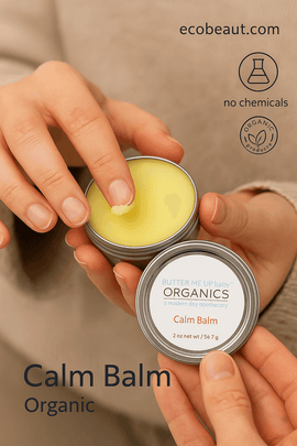 A person applies Calm Balm from a tin, with eco-friendly icons and ecobeaut.com in the corner.