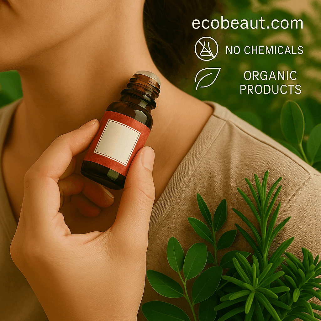 A person applies essential oil from a small amber bottle to their neck, surrounded by green leaves, with “ecobeaut.com,” “NO CHEMICALS,” and “ORGANIC PRODUCTS” icons in the top right corner.