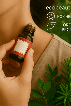A person applies essential oil from a small amber bottle to their neck, surrounded by green leaves, with “ecobeaut.com,” “NO CHEMICALS,” and “ORGANIC PRODUCTS” icons in the top right corner.