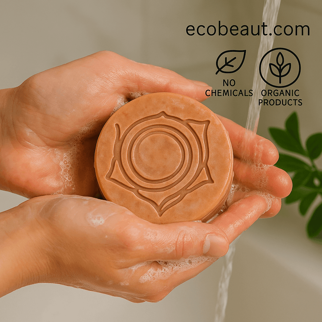 A person gently holds a handcrafted round soap bar with a lotus design under running water, with visible foam on their hands and eco-labels “No Chemicals,” “Organic Products,” and ecobeaut.com in the upper right corner.