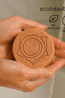 A person gently holds a handcrafted round soap bar with a lotus design under running water, with visible foam on their hands and eco-labels “No Chemicals,” “Organic Products,” and ecobeaut.com in the upper right corner.