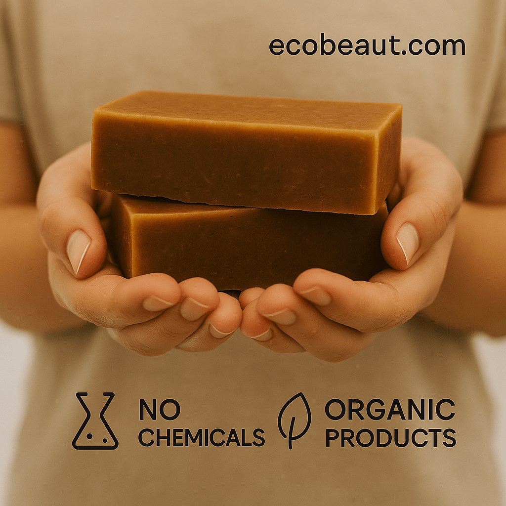 A person gently holds two Cinnamon Honey and Almond Soap bars with ecobeaut.com in the top right and eco labels 'NO CHEMICALS' and 'ORGANIC PRODUCTS' displayed at the bottom.