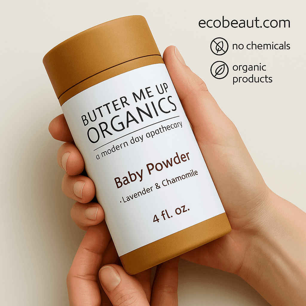 A person holds a Butter Me Up Organics Baby Powder container with a kraft texture and clean label. The top right corner shows ecobeaut.com along with icons for no chemicals and organic products.





