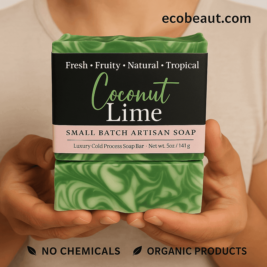 A person holds a bar of Coconut Lime artisan soap with green and white swirls. ecobeaut.com is in the top right corner, with 'NO CHEMICALS' and 'ORGANIC PRODUCTS' icons displayed at the bottom.