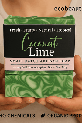A person holds a bar of Coconut Lime artisan soap with green and white swirls. ecobeaut.com is in the top right corner, with 'NO CHEMICALS' and 'ORGANIC PRODUCTS' icons displayed at the bottom.