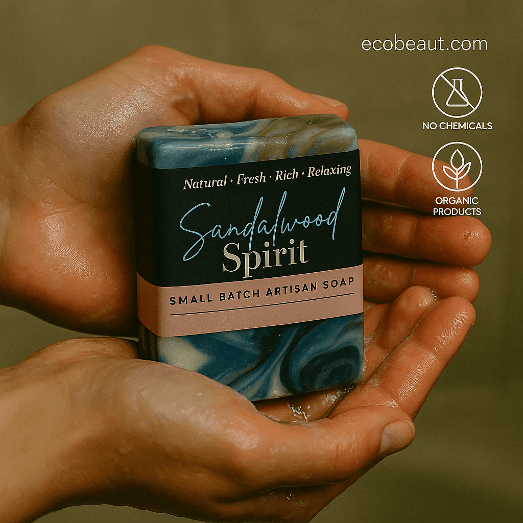 A person holds the “Sandalwood Spirit” artisan soap bar from ecobeaut.com with wet, lathered hands, showcasing the product’s natural swirls and eco-friendly labels “No Chemicals” and “Organic Products” in the upper right corner.