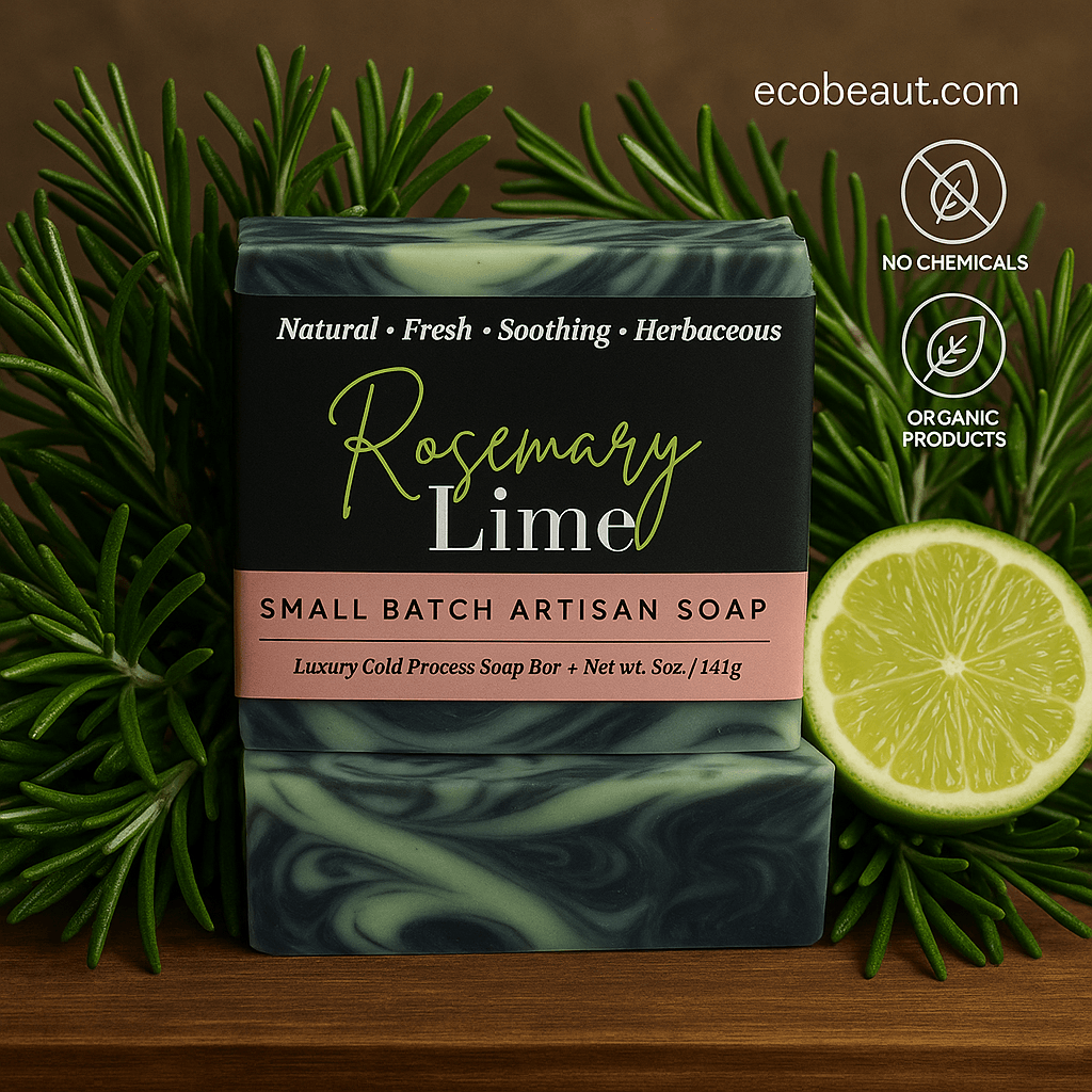 A photograph features a handcrafted "Rosemary Lime" soap bar from ecobeaut.com surrounded by lush rosemary sprigs and a sliced lime, with “No Chemicals” and “Organic Products” icons in the upper right corner, highlighting its natural and organic composition.



