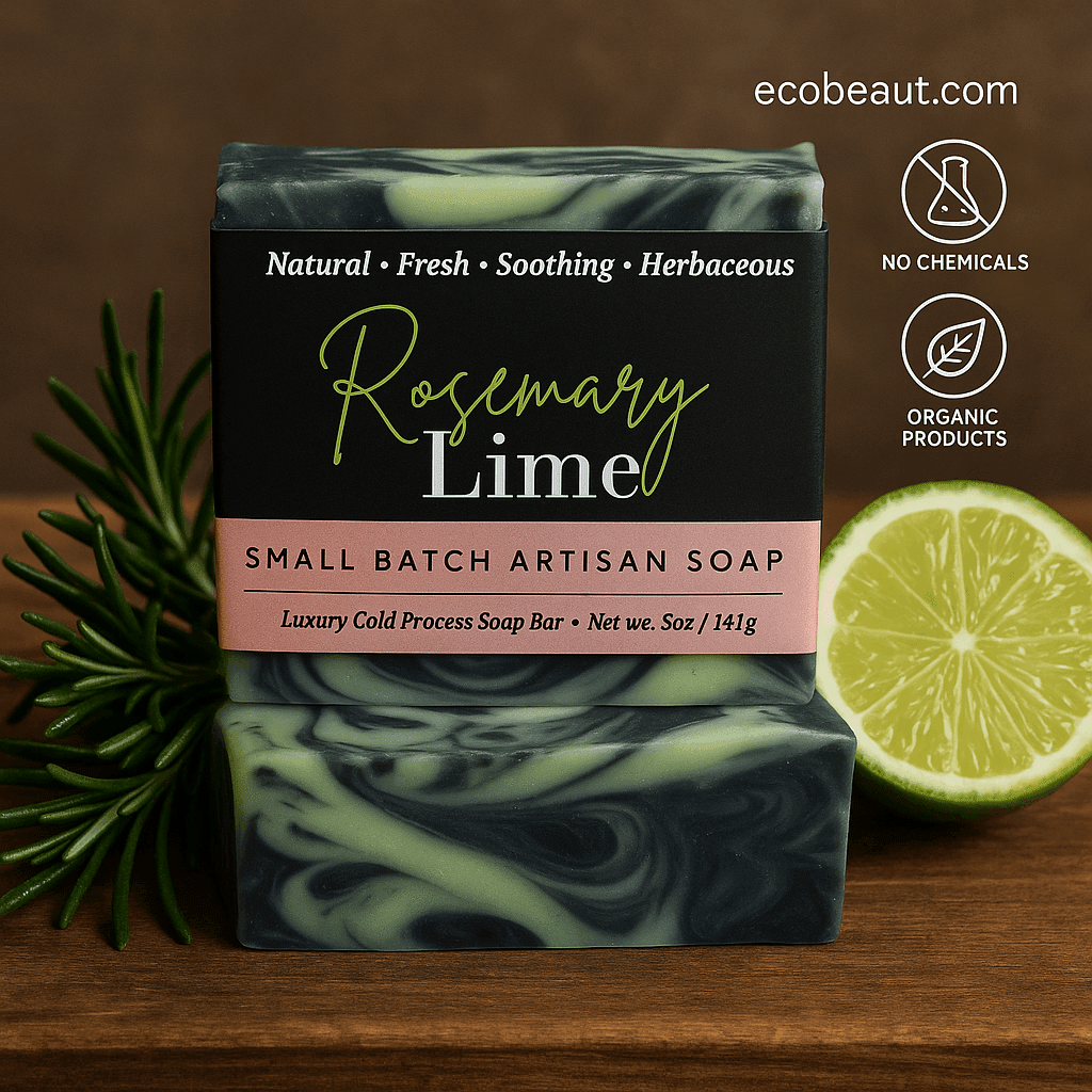 A photograph showcases a bar of "Rosemary Lime" small batch artisan soap from ecobeaut.com, placed on a wooden surface with fresh rosemary and a sliced lime beside it, featuring “No Chemicals” and “Organic Products” icons in the upper right corner.