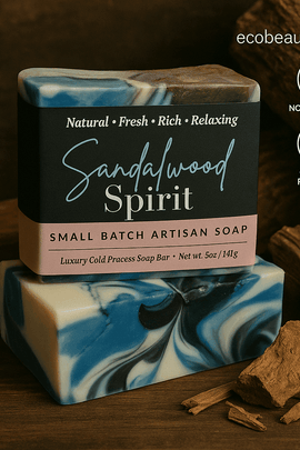 A professional product photo displays the "Sandalwood Spirit" artisan soap bar from ecobeaut.com placed on a wooden surface surrounded by sandalwood pieces, with eco-friendly icons “No Chemicals” and “Organic Products” in the top right corner.



