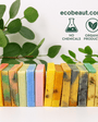 A row of twelve colorful handmade soap bars by ecobeaut.com with green leaves in the background and “NO CHEMICALS” and “ORGANIC PRODUCTS” icons in the upper right corner.




