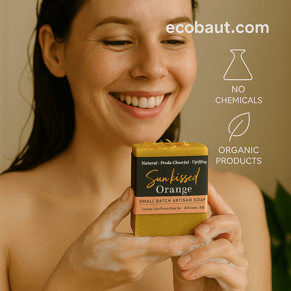 A smiling woman holds a Sun kissed Orange soap bar from ecobeaut.com with lather on her hands, featuring “NO CHEMICALS” and “ORGANIC PRODUCTS” icons in the upper right corner.