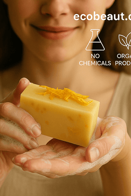 A smiling woman holds a calendula soap bar from ecobeaut.com with foamy hands, featuring “NO CHEMICALS” and “ORGANIC PRODUCTS” icons in the upper right corner.




