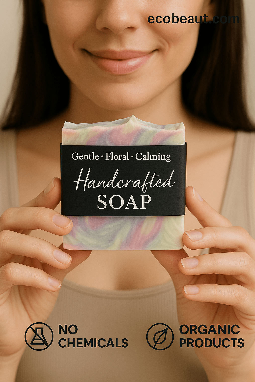 A smiling woman holds a pastel handcrafted soap bar with a black label reading 'Gentle • Floral • Calming' and 'Handcrafted SOAP'. The text 'ecobeaut.com' is in the top right, and eco-labels 'NO CHEMICALS' and 'ORGANIC PRODUCTS' are displayed at the bottom.