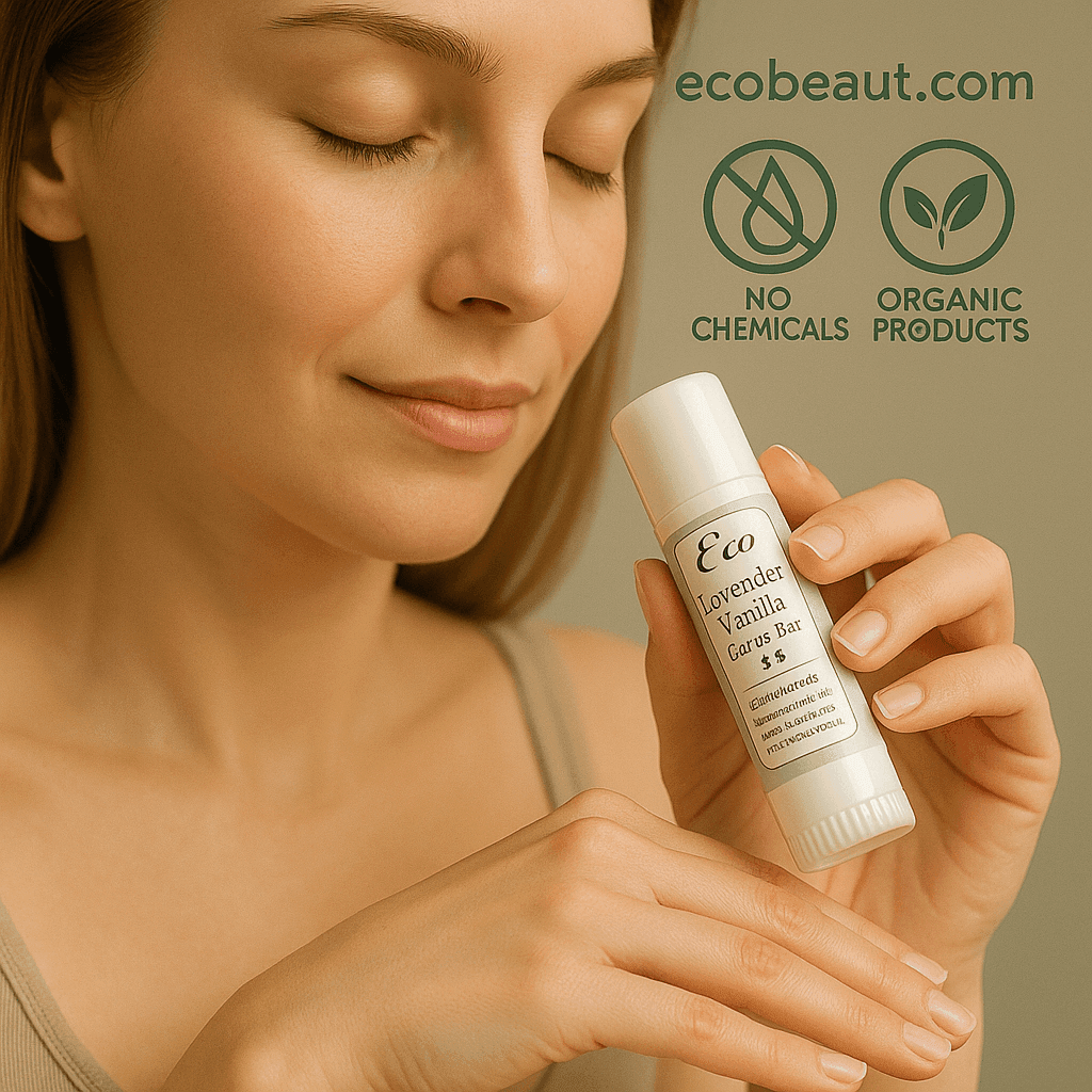 A smiling woman with fair skin gently applies Lavender Vanilla Lotion Bar to her hand while holding the product up near her face; the packaging features eco-friendly labels, with “ecobeaut.com,” “NO CHEMICALS,” and “ORGANIC PRODUCTS” icons displayed in the top right corner.






