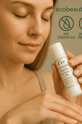 A smiling woman with fair skin gently applies Lavender Vanilla Lotion Bar to her hand while holding the product up near her face; the packaging features eco-friendly labels, with “ecobeaut.com,” “NO CHEMICALS,” and “ORGANIC PRODUCTS” icons displayed in the top right corner.






