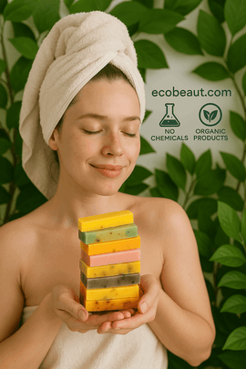 A smiling woman wrapped in a towel holds a stack of colorful handmade soaps from ecobeaut.com, surrounded by green plants with “NO CHEMICALS” and “ORGANIC PRODUCTS” icons in the upper right corner.




