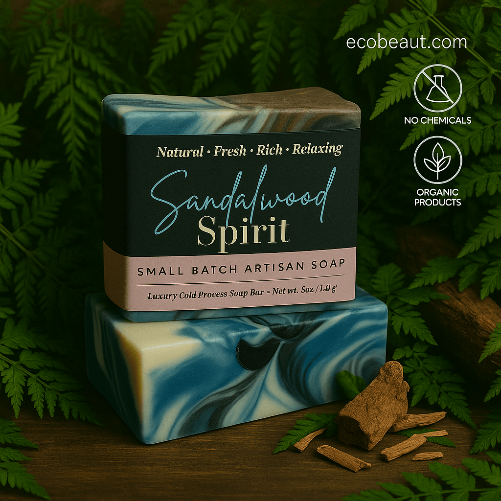A styled product photo of “Sandalwood Spirit” soap from ecobeaut.com surrounded by green leaves and sandalwood pieces, with eco-friendly labels “No Chemicals” and “Organic Products” in the upper right corner on a natural wooden background.