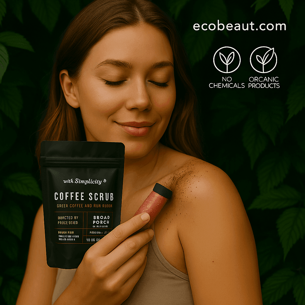 A woman applies coffee scrub to her shoulder while holding a black pouch labeled “Coffee Scrub – Green Coffee and Raw Sugar,” with green leaves in the background and “ecobeaut.com,” “NO CHEMICALS,” and “ORGANIC PRODUCTS” icons in the top right corner.