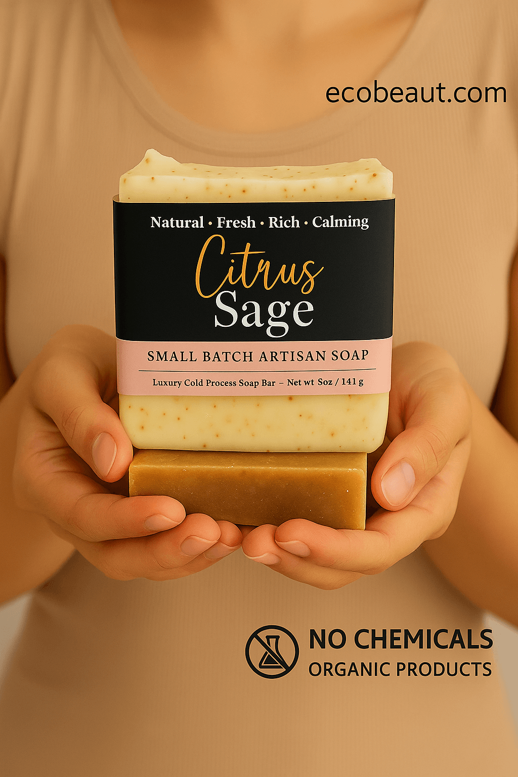 A woman holds a bar of Citrus Sage artisan soap with both hands. The label highlights its natural and calming qualities. ecobeaut.com is displayed in the top right corner, and eco icons 'NO CHEMICALS' and 'ORGANIC PRODUCTS' are shown at the bottom.