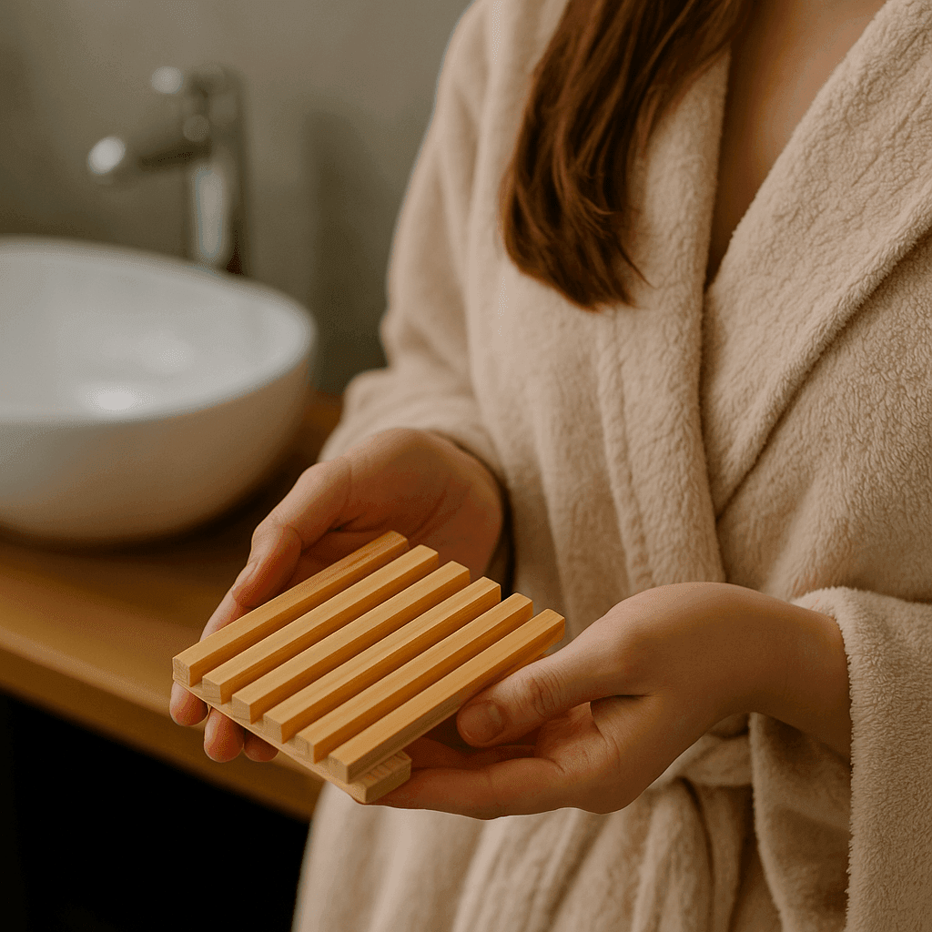 A woman's hand holding a natural wooden soap dish — eco-friendly and practical bathroom accessory. ecobeaut.com