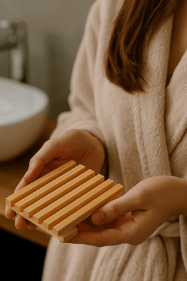 A woman's hand holding a natural wooden soap dish — eco-friendly and practical bathroom accessory. ecobeaut.com
