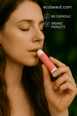 A woman with fair skin and long brown hair applies a pink aromatherapy inhaler to her lips, with “ecobeaut.com,” “NO CHEMICALS,” and “ORGANIC PRODUCTS” icons in the top right corner.