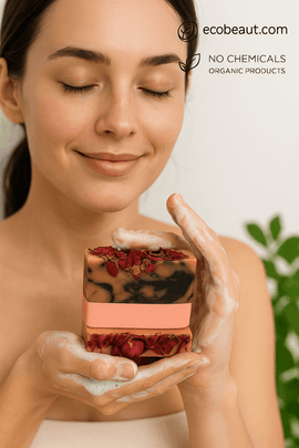  A young woman holding a Perfect Rose artisan soap bar by ecobeaut.com, hands covered in foam, with “NO CHEMICALS” and “ORGANIC PRODUCTS” icons in the top right corner.